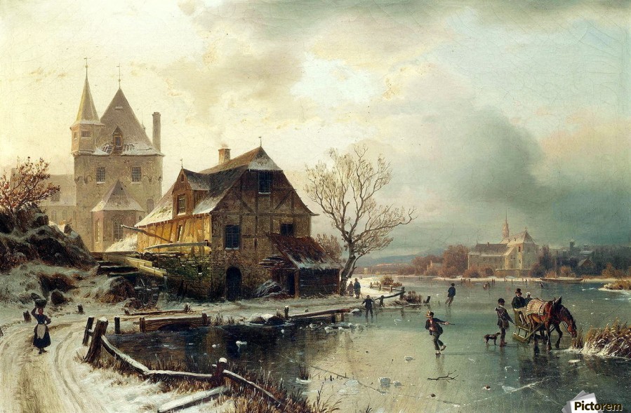 Dutch winter landscape with skaters by Frederik Marinus Kruseman